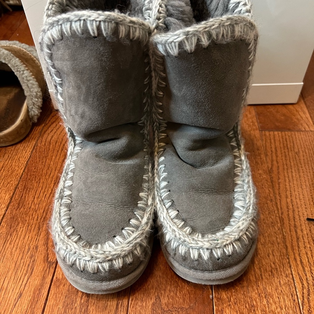 Gray Suede Boots with Knit Trim
